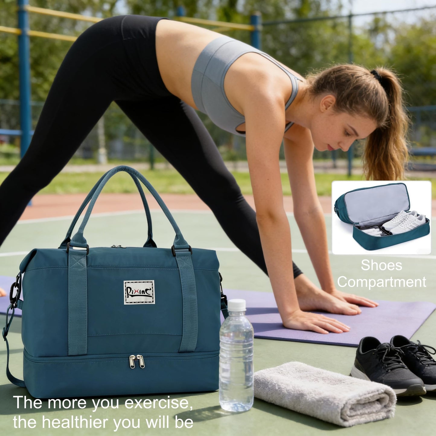 BELiXP Women Travel Duffel Bag, Carry on Weekender Overnight Bag for Women, Travel Tote Bag with Shoe Compartment & Wet Pocket, Lightweight Travel Bag for Vacation Sports Gym (Peacock Blue, L)