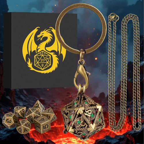 Mini DND Dice Set with Hollow D20 Metal Case Portable Keychain Necklace, Tiny 7pcs Polyhedral D&D Dice Set, DND Gifts with Gift Box, D&D Accessories for RPG（Green Diamond, Bronze）