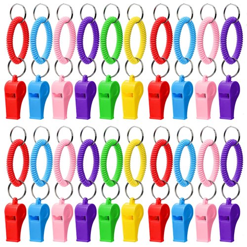 Hedume 30 Pcs Sport Whistle with Bracelet, 6 Colors Loud Plastic Whistles with Stretchable Coil Wrist Keychain Ring for Coaches, Referees, Officials, Birthday Party Gift, Emergency Training