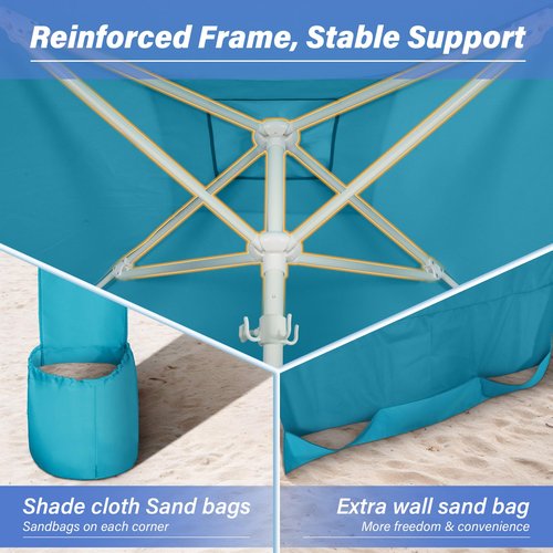 Beach Cabana-6.6x6.6?™Beach Canopy with Side Wall,Portable Umbrella Tent with Sand Pockets for Family & Friends,Easy Up Beach Sun Shelter for Outdoor Patios,Backyards,and Camping,Blue