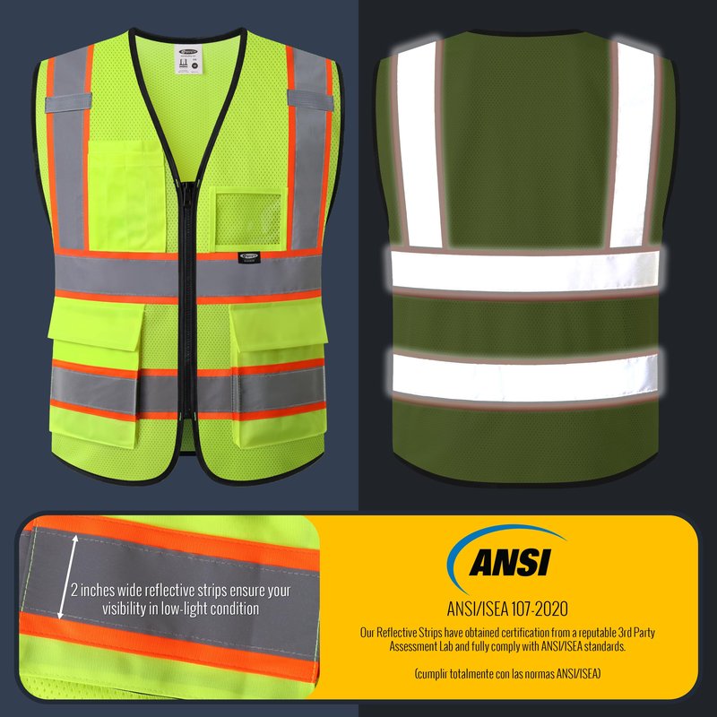 JKSafety Safety Vest for Men Women Hi Vis Vest with Pockets and Zipper Front Class 2 High Visibility Meet ANSI Standard Yellow Color Extended Orange Strips (BX320-Yellow L)