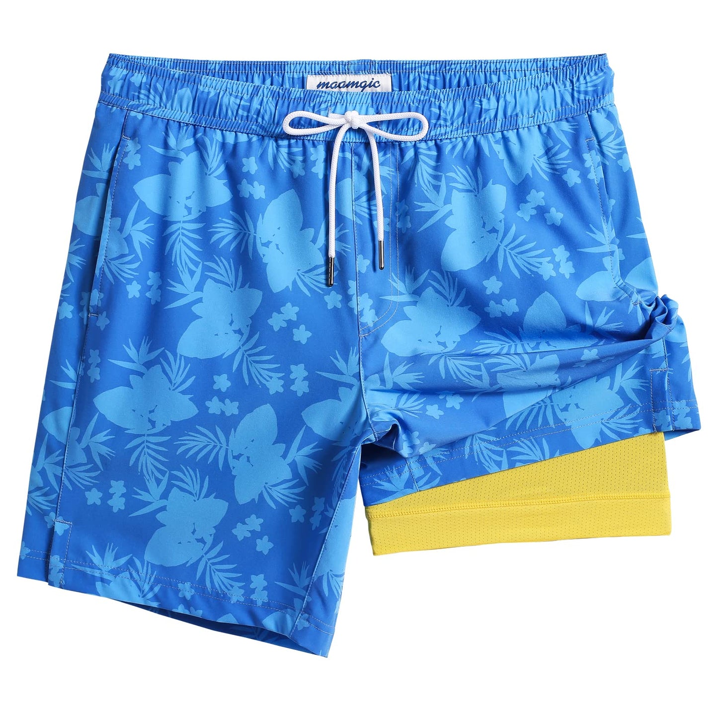 maamgic Mens Swim Trunks with Compression Liner 7 Inch Inseam Mens Bathing Suit Quick Dry Swimming Trunks Swimsuit Flower Blue Yellow X-Large