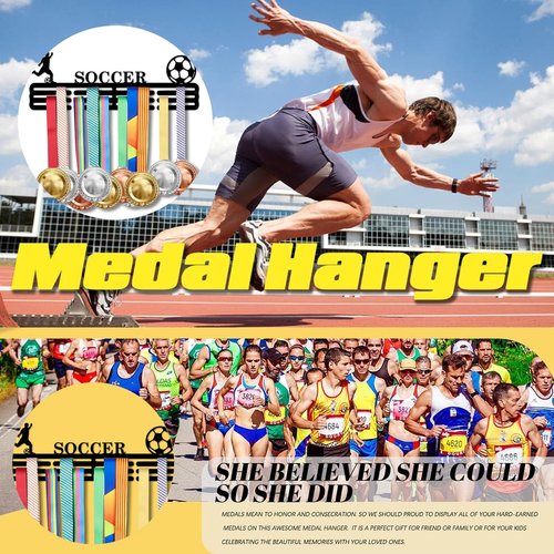 Resama Soccer Medal Hanger Holder Display Rack for Awards Ribbons Personalized Medal Sports Themed Race Ribbon Holder for Wall Metal Display for Men Boy Girl Kid