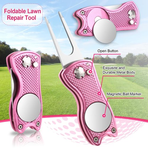 Qishiyi 12Pcs Golf Accessories Kit Include Golf Ball Bag Golf Tees Golf Towel Golf Club Cleaner Brush Groove Cleaner Tool Divot Tool Magnetic Ball Marker,Best Golf Gift for Women Man (Pink)