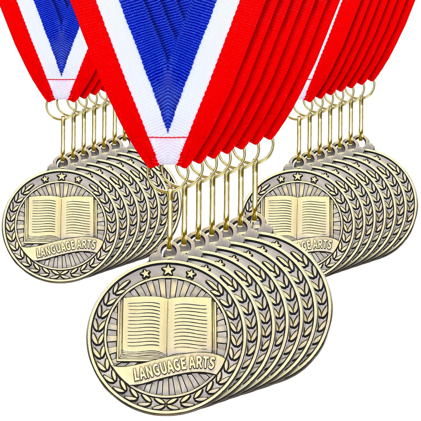 Quelay 30 Pcs 2'' Award Medals Bulk Gold Winner Medals with Neck Ribbons Metal Trophy Award Prize Gift for Tournaments, Competitions, Party, Kids and Adults(Language Arts)