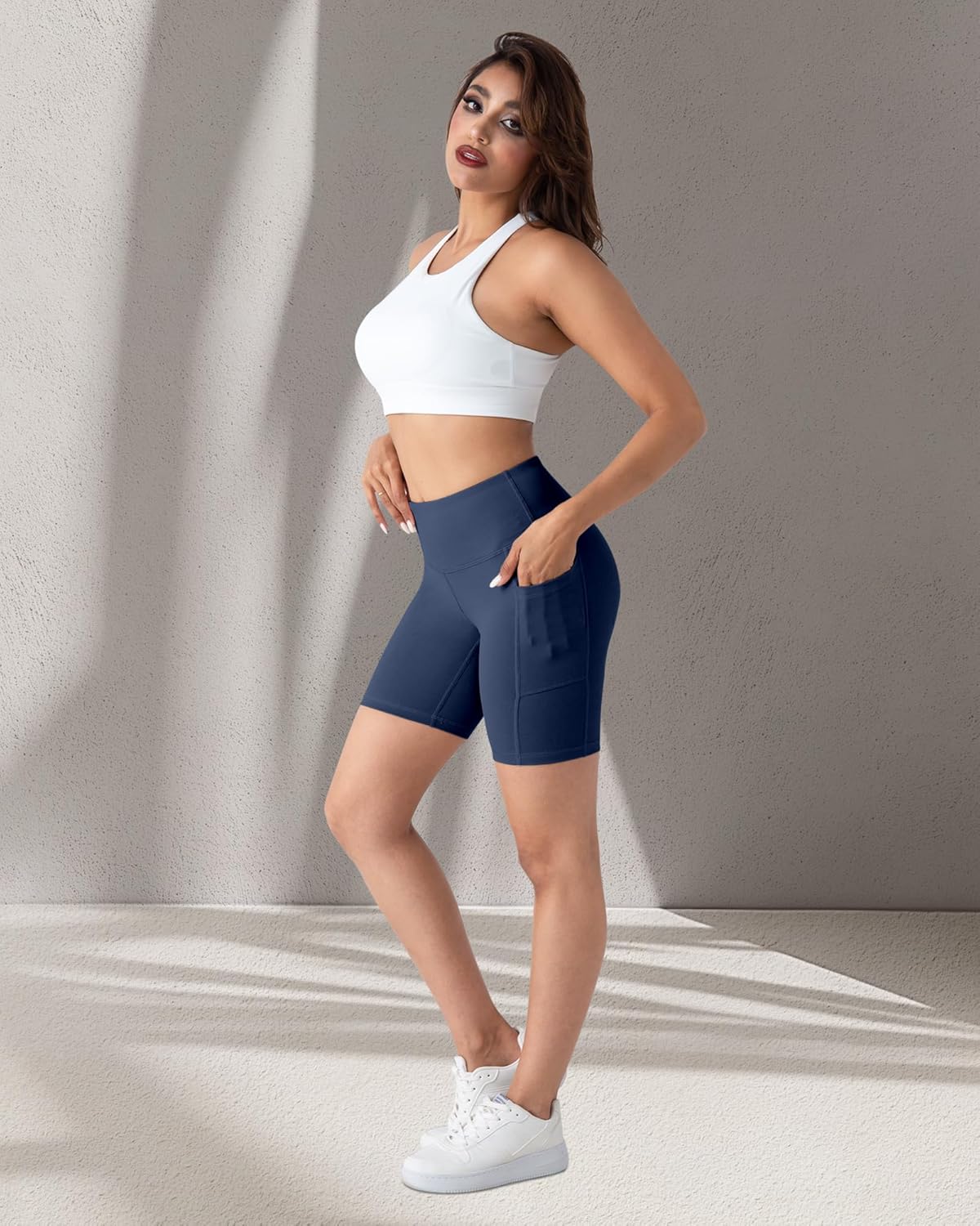 2 Packs Biker Shorts with Pockets for Women, Tummy Control High Waist Spandex Shorts 8" (2BlackDGrayLGray, XL)