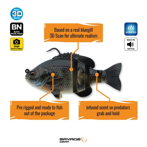 Savage Gear 3D Bluegill RTF Fishing Bait, 3/4 oz, Bluegill, Realistic Contours, Colors & Movement, Durable Construction, Heavy-Duty Jig Fishing Hook, Built-in Rattle, Scent Infused