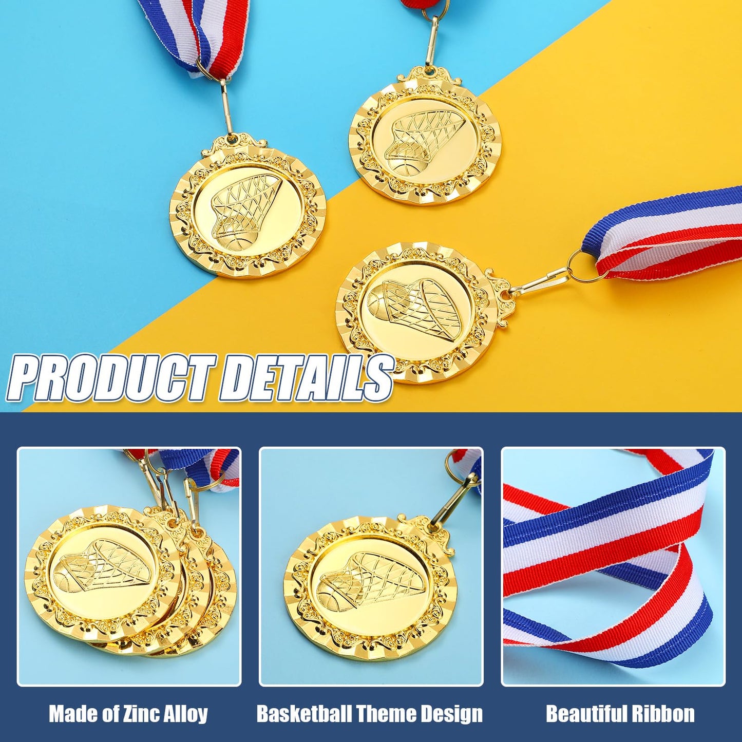 Misdary 36 Pcs Basketball Medals for Kids 2'' Gold Sports Awards Basketball Team Medals Bulk Trophy with Red White Blue Stripes Ribbon for Kids Sports Party Winner Gifts