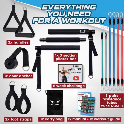 FITI DARE Multifunctional Pilates Bar Kit with Resistance Bands (25,30,35lb) and Videos | Portable Workout Equipment Home Gym for Women & Men of All Heights | Full Body Fitness Exercise Set