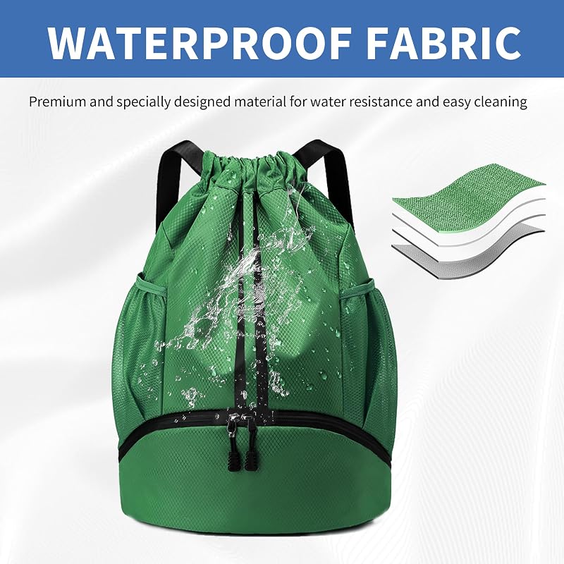 Drawstring Gym Backpack with Shoes Pocket - Dark Green, Large