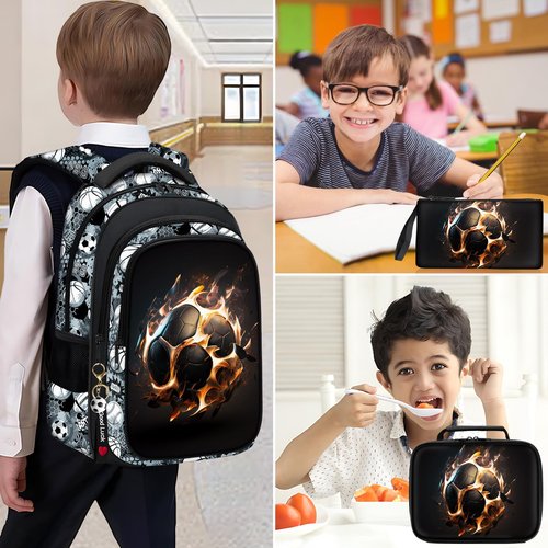 Fitvc School Backpack for Boys - 4pcs Soccer Boys Backpack with Lunch Box Set for Kids Children Teens Elementary Middle School - 17″ Sport Bookbag Travel Back Pack for Age 6-18