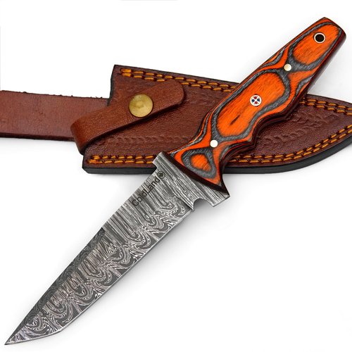 ColdLand Damascus Bushcraft Knife - 10.75 Inch Fixed Blade Knife with Camel Bone, Rose Wood & Pakka Wood Handle - Full Tang Hunting Knives with Leather Sheath for EDC, Camping & Hiking - NAK29