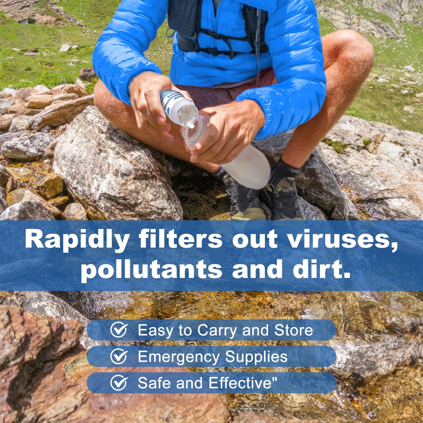 Water Tablets Purification for Drinking (100 Count) - Water Filtration System Survival for Camping, Boating, Hiking, Backpacking, Emergencies - Portable Water Treatment for Safe Drinking Anywhere