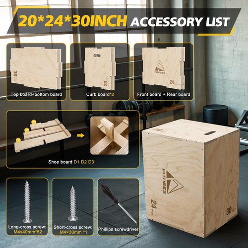 Rendpas 3-in-1 Wooden Plyo Box, Plyometric Jump Box with 18mm Thick Board and No-Slip Surface, 450lbs Weight Capacity Box Jumps for Home Gym Training (20"×24"×30"(56LB))
