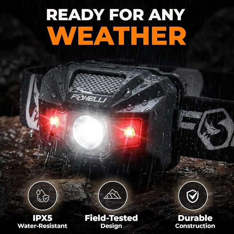 Foxelli USB-C Rechargeable Headlamp - Ultra-Light 2.4 oz, 180 Lumens, Red/White 5 Modes, IPX5 Waterproof (Black)