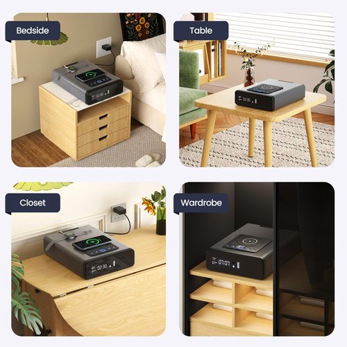 Biometric Gun Safe for Handgun, Smart Clock Safes with 2-in-1 Watch & Phone Wireless Charging, Bedside Pistol Safe with Backlit Keypad, Nightstand Handgun Safes with LED Light