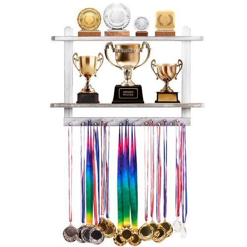Lavievert Wooden Medal Hanger & Trophy Shelf, Wall-Mounted Race Medal Display with 2 Tier Storage Shelf, Medal Holder Trophy Rack with 19 Hanging Bars - White