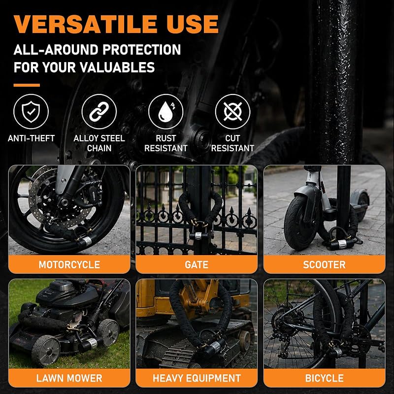Heavy Duty 10mm Motorcycle Chain Lock with U-Lock, 3.9ft, 4 Keys, Rose Gold