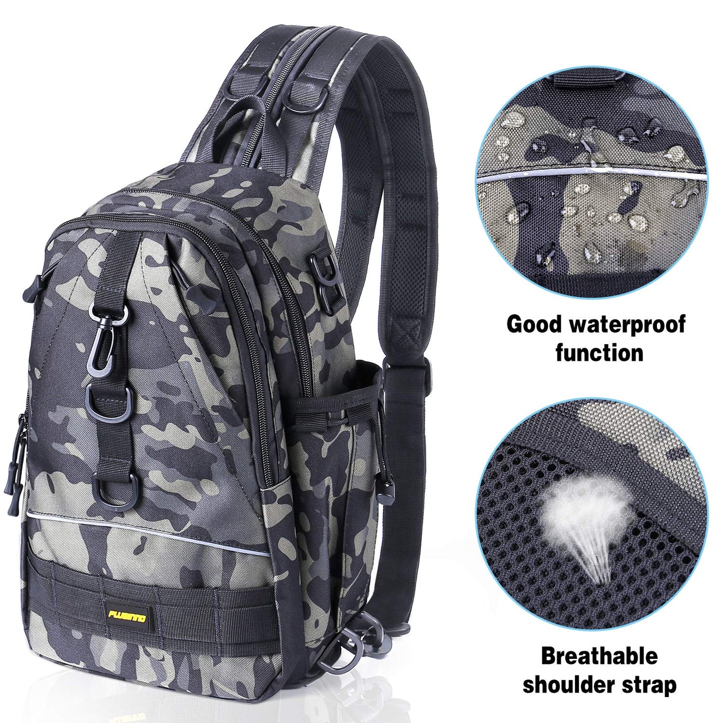 PLUSINNO Fishing Tackle Backpack Storage Bag，Outdoor Shoulder Backpack，Fishing Gear Bag，Water-Resistant Fishing Backpack with Rod Holder (Standard(14.6*8.7*5.5 inch)-Black CP)