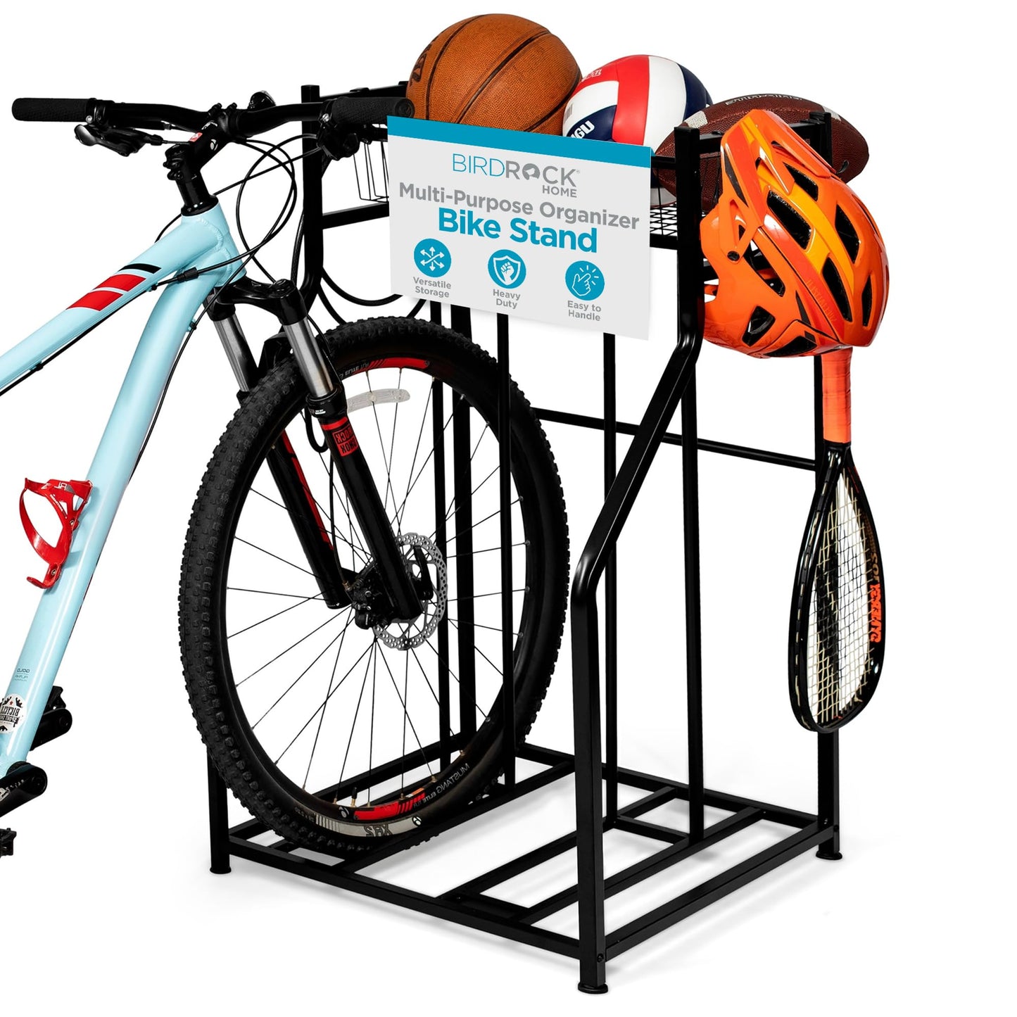 BIRDROCK HOME Bike Rack Garage Storage Floor Stand - Freestanding Organizer for Outdoor Yard - Upright Wall Mount for Scooters, Rakes, Motorcycles, Hoverboards, Gloves - Holds 2 Bicycle - Black