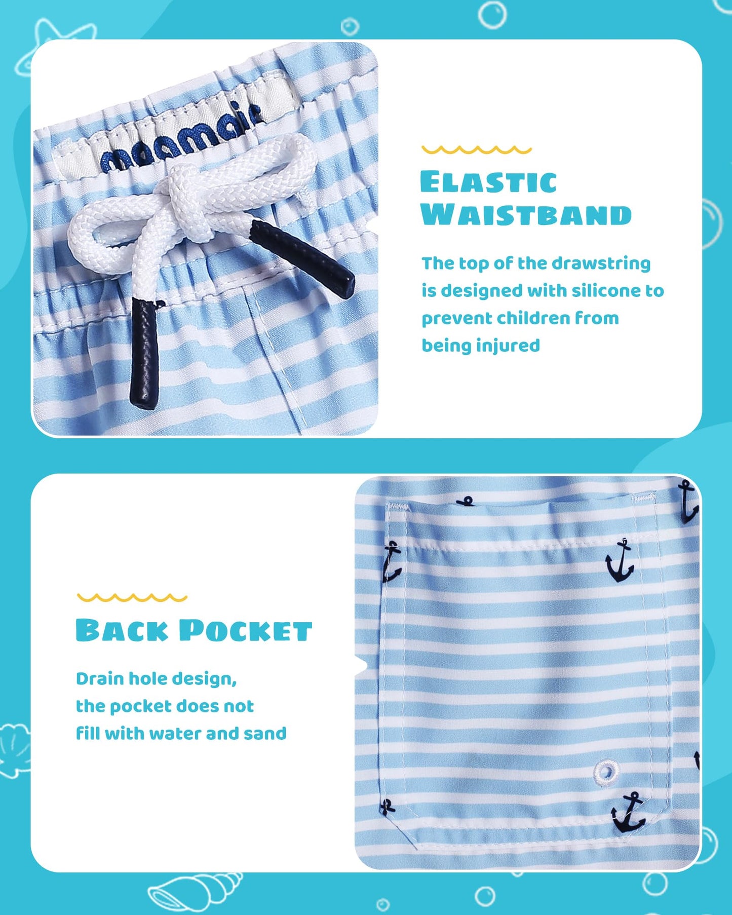 maamgic Boys Swim Trunks with Compression Liner Toddler Stretch Swim Shorts Quick Dry Swimming Trunks Boxer Brief 2 in 1 Beach Shorts White Blue Striped 5/6