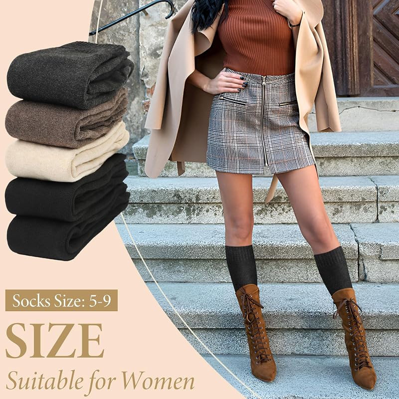 Justay 5 Pairs Thick Knee High Socks for Women - Black Dark Grey Coffee Khaki (One Size)