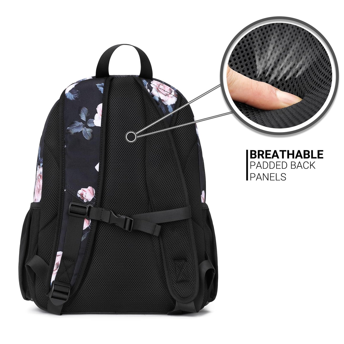 ZORFIN Backpack for School, Travel: Bookbag for Girls Boys - Kids Backpack with Multi Compartments - Rose Black