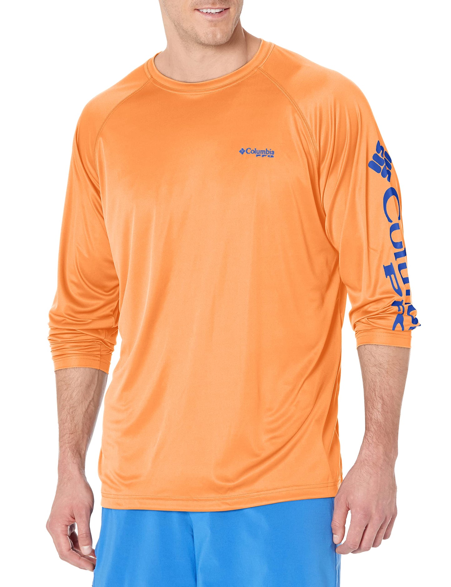 Columbia Men's PFG Terminal Tackle Long Sleeve Fishing Shirt, Bright Nectar/Vivid Blue Logo, 2X