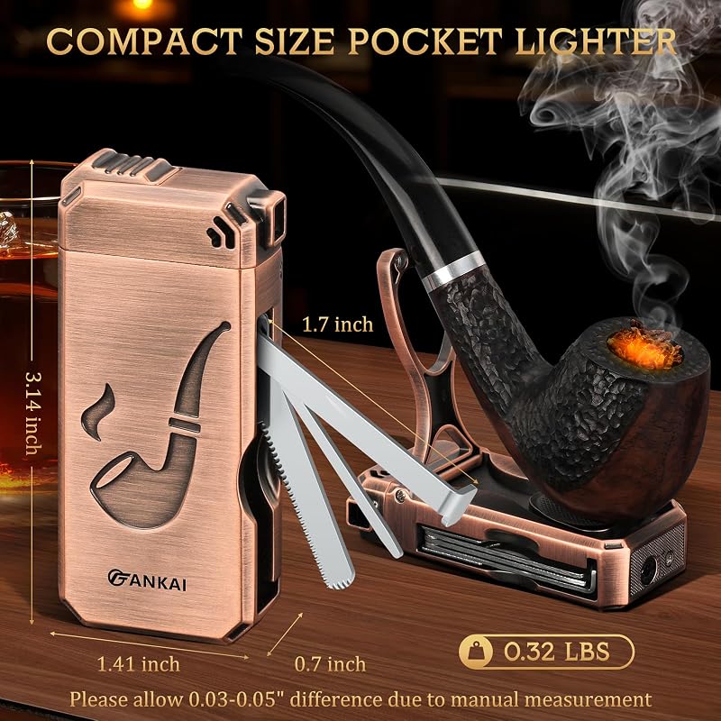 Bronze Pipe Lighter with Built-In Stand, 3-in-1 Cleaning Tools, Refillable Gas Lighter