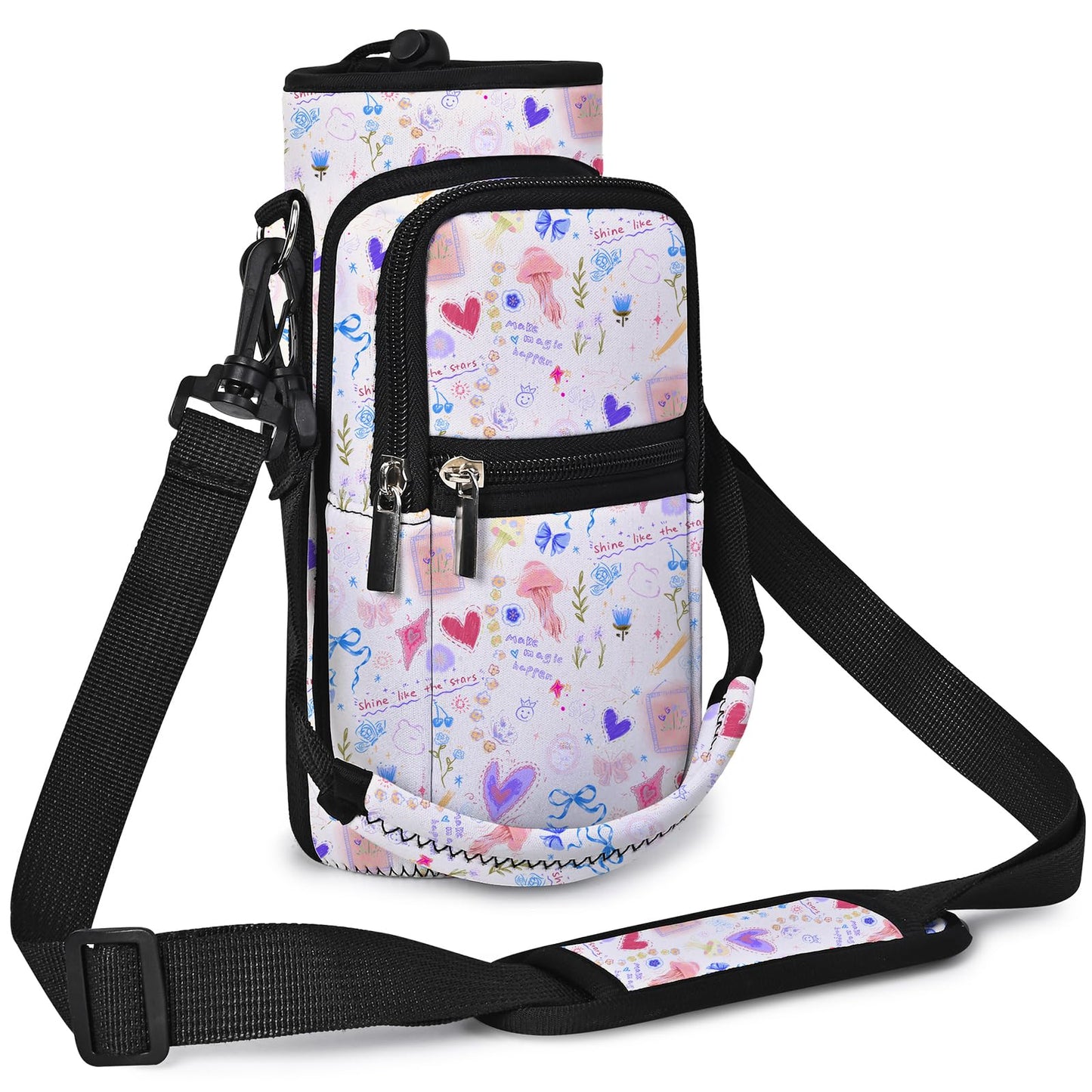 AUPET Water Bottle Sling Bag Sleeve Holder Carrier 25/32/40/64 oz,Insulated Crossbody Water Bottle Case Cover with Strap and Pockets for Men/Women Walking Hiking (Sweet Dreamy, 25oz)