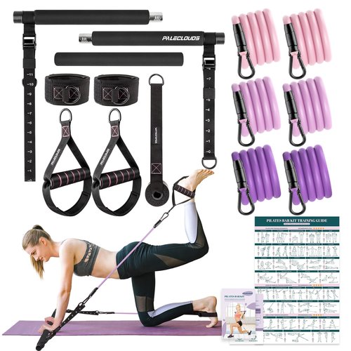 Pilates Bar Kit with Resistance Bands, 3-Section Pilates Bar with Clear Scale & Adjustable Metal Buckle, Durable Carabiner, Pilates Bar Kit for Women Full-Body Workout - Black