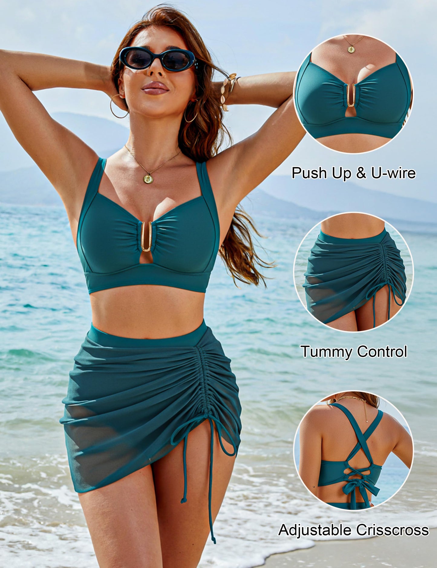 Blooming Jelly Women High Waisted Bikini Sets Two Piece Tummy Control Swimsuit Modest Beach Sexy Bathing Suit Skirt (M, Blue Green)