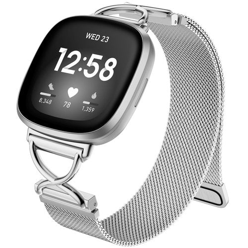 JKD Metal Bands Compatible with Fitbit Versa 4/Sense 2 Bands Women Men, X-Shape Stainless Steel Soft Mesh Loop Strap for Fitbit Sense/Versa 3 Smartwatch, Silver