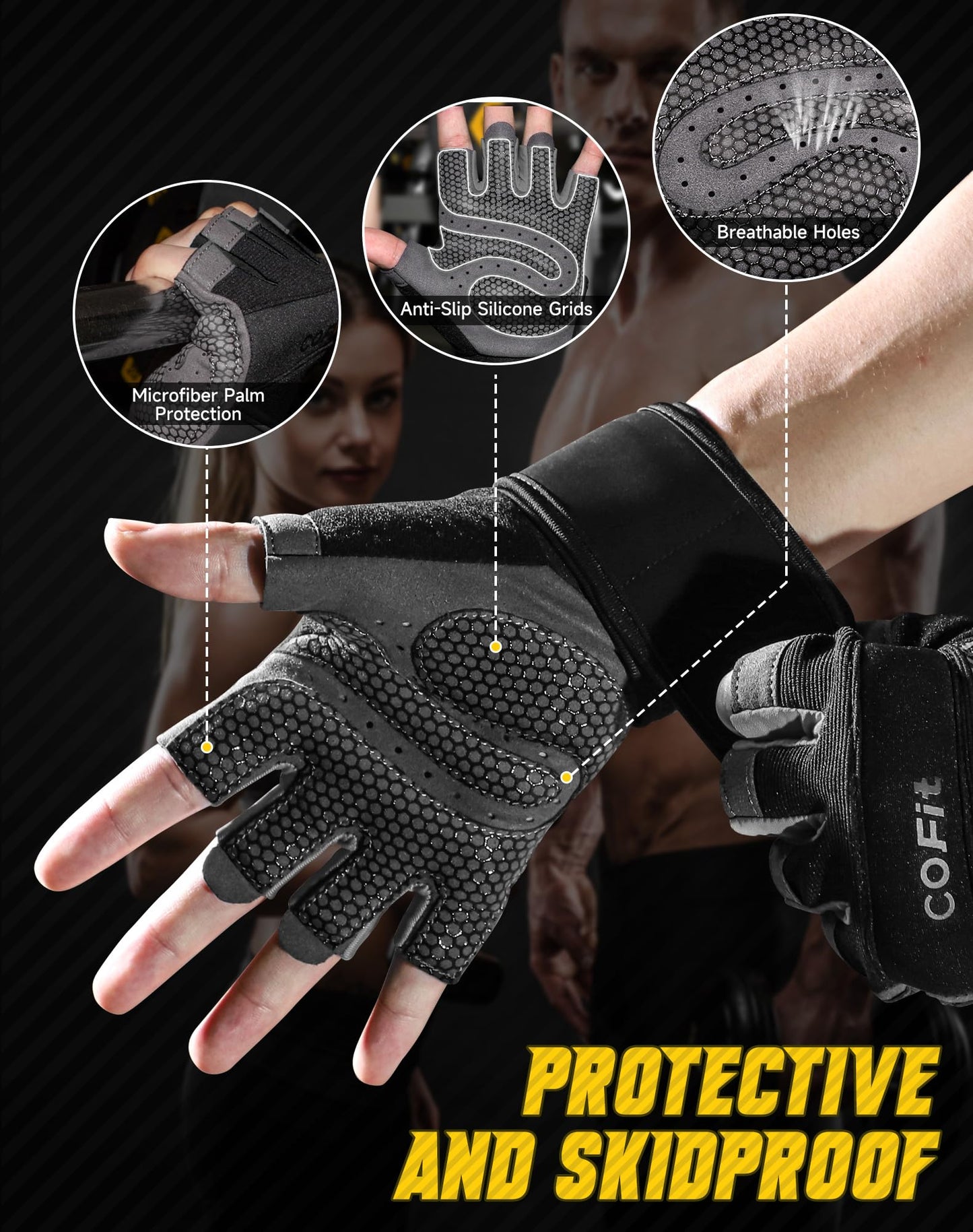 COFIT Breathable Workout Gloves, Antislip Weight Lifting Gym Gloves for Men Women with Wrist Wrap Support, Superior Grip & Palm Protection for Weightlifting, Fitness, Exercise, Training - Black XL