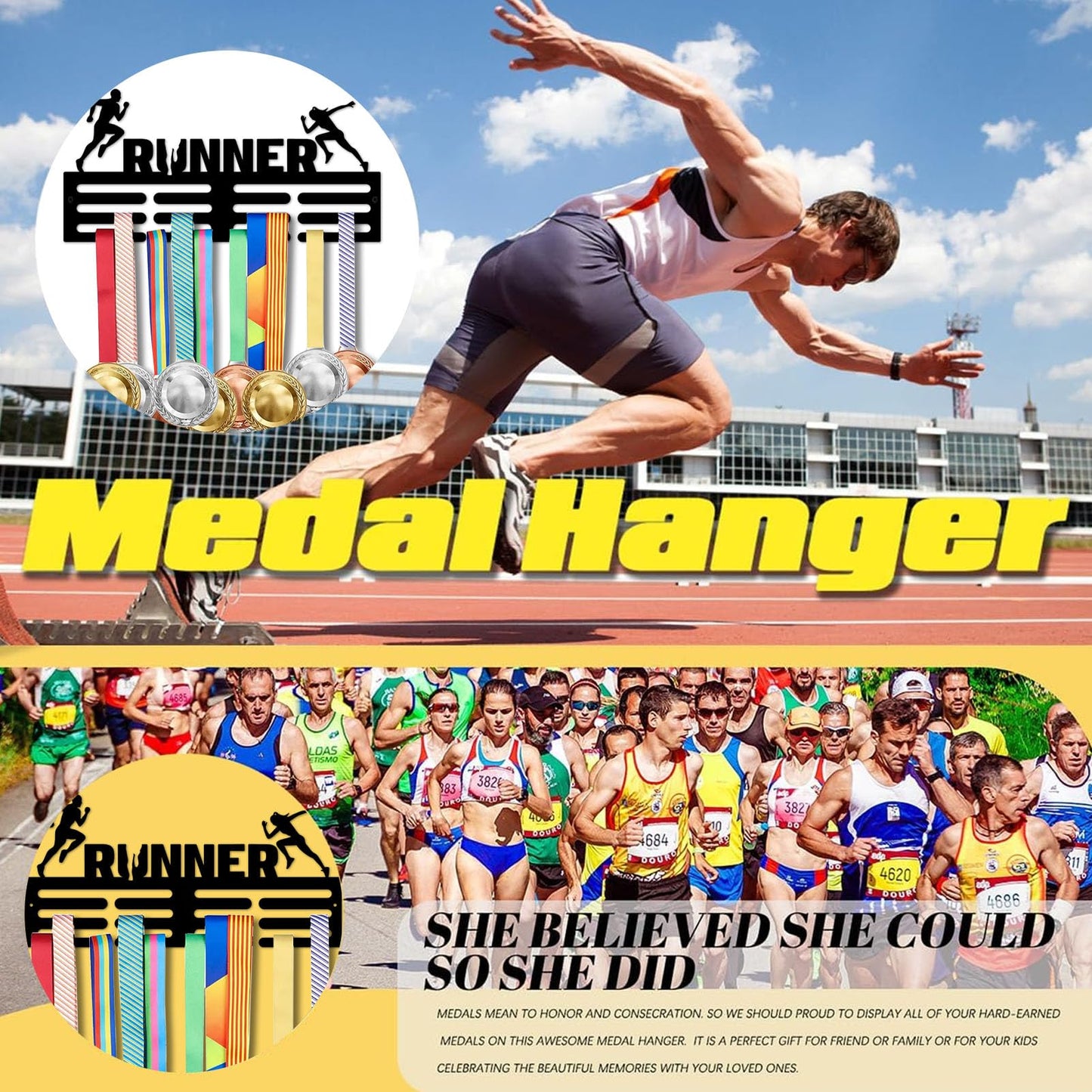 Resama RUNNER Medal Hanger Holder Display Rack for Awards Ribbons Personalized Medal Sports Themed Race Ribbon Holder for Wall-Medal Hanger Display Award Rack-Metal Hanger Display for Men Boy Girl Kid