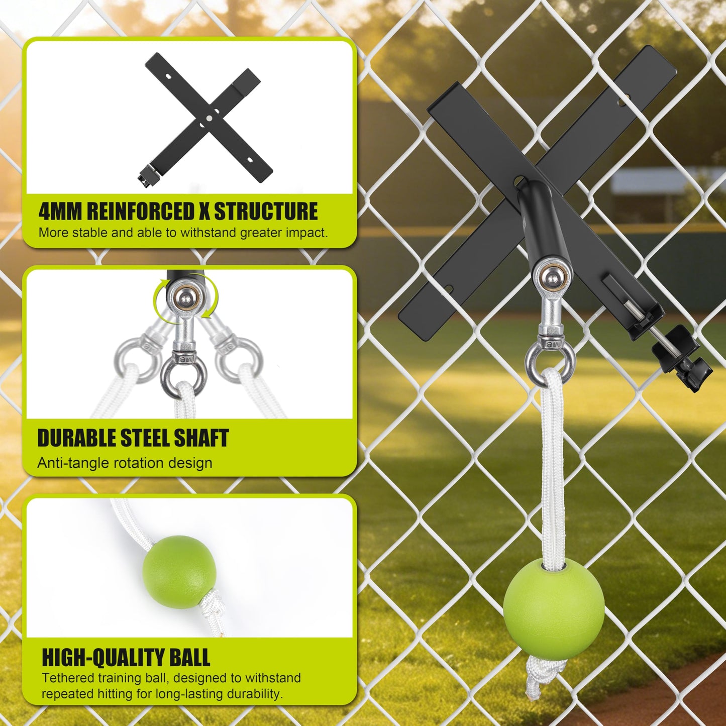 Hikeen Portable Baseball Swing Trainer with Auto Reset Tethered Ball - Baseball/Softball Hitting Trainer for Solo Batting Practice, Easy Fence Mount Setup for All Ages
