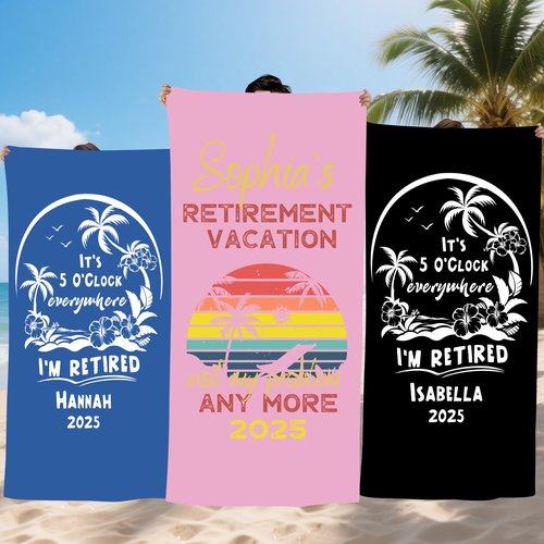 VividCraftPro Personalized Retirement Beach Towels for Men Women, Permanent Vacation Beach Towel with Name, Custom Employee Retirement Present, Retired Beach Themed Gifts for Boss