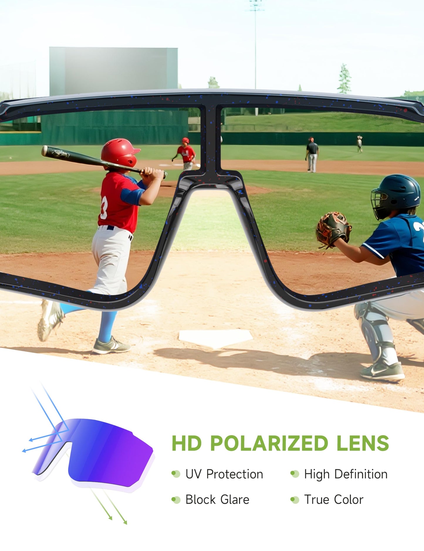 Foliful Kids Polarized Baseball Sunglasses for Boys Girls - Youth Softball Cycling Sports Sunglasses UV Protection Lightweight Goggles, Grey/Green/Red