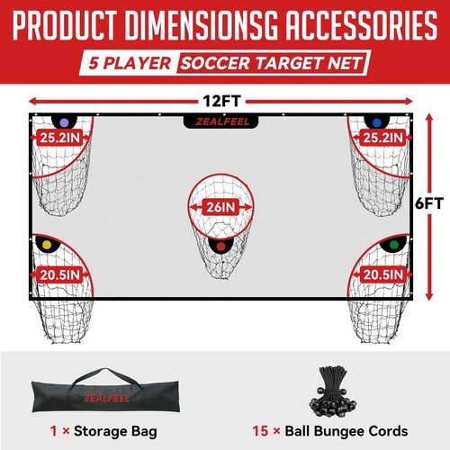ZEALFEEL Soccer Target Net, 12x6ft Goal Net with 5 Scoring Zones for Practice Shooting & Goal Shots, Anti-Tear Mesh, 3 Steel Rods, Removable Stick-On Markers, Portable Football Training Equipment