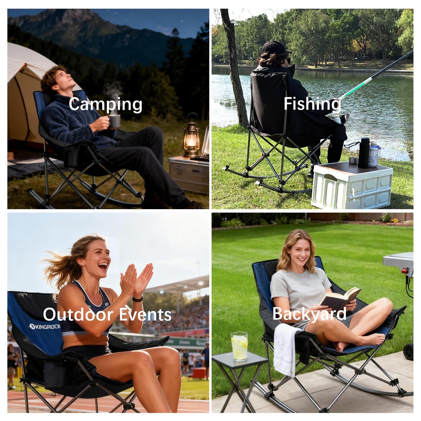 KINGROCK Oversized Rocking Camping Chair with Headrest and Carry Bag, 260LBS Capacity Folding Portable Camp Chairs for Adults, Recliner for Outdoor, Beach, Fishing, Travel, Sports Games,Purple