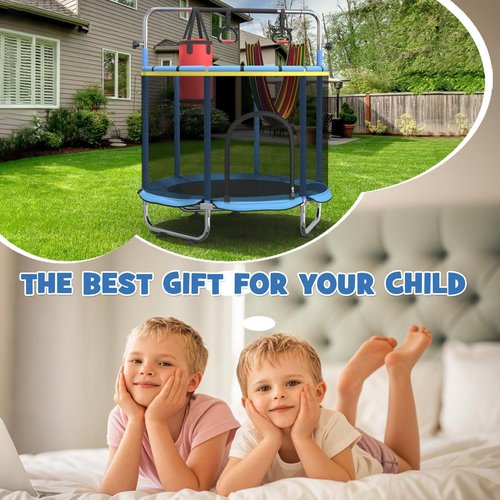 Kieperi 60“ Trampoline for Kids with Hammock,Toddler Trampoline with Basketball Hoop (Blue)