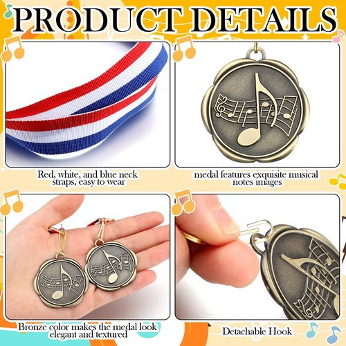 Quelay 100 Pcs Music Medals Bulk - Double-Sided Engraving Pattern Music Award Medals Trophy with Neck Ribbons for Kids & Adults Choir Winner Prize Gift Singing Musical Scholastic Competitions