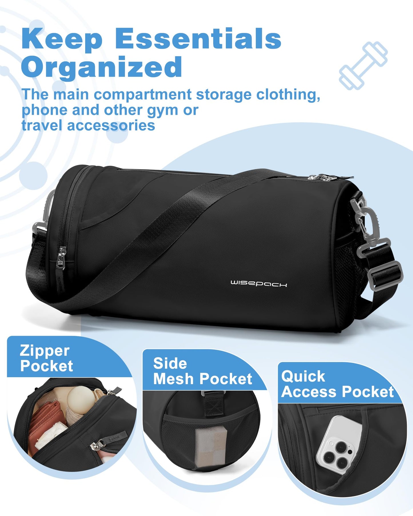 Small Gym Bag for Women,Waterproof Mini Duffle Bag Womens Spotrs WorkoutBags Small Travel Duffel Bag with Wet Pocket Carry on Weekender Bags for Dance Swimming,Gym,Yoga,Fitness Black