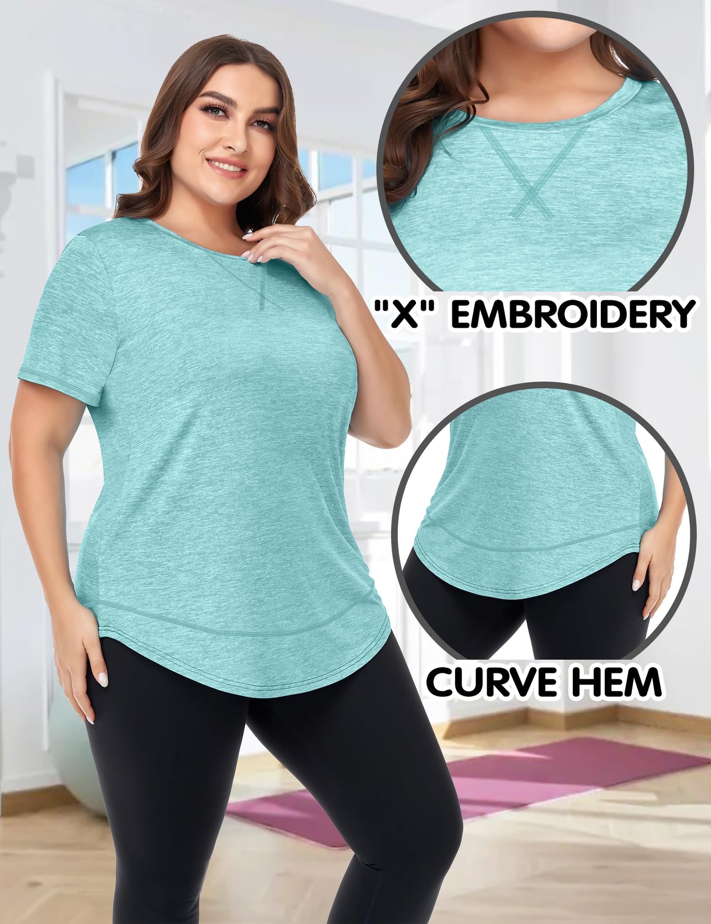 COOTRY Plus Size Workout Tops for Women Short Sleeve Loose fit Shirts Athletic Gym Yoga Clothing Light Blue 5XL