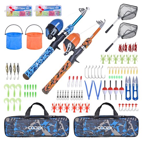 CODEK Kids Fishing Pole Set with Full Starter Kits 2 Set Portable Telescopic Fishing Rod and Reel Cambos for Boys Girls Toddler Youth Age Beginner Little Children Junior Anglers