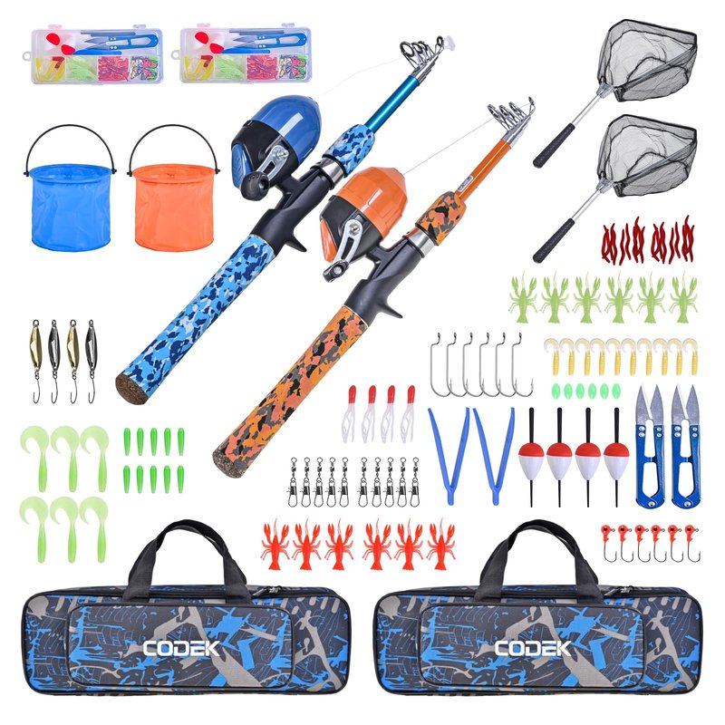 CODEK Kids Fishing Pole Set with Full Starter Kits 2 Set Portable Telescopic Fishing Rod and Reel Cambos for Boys Girls Toddler Youth Age Beginner Little Children Junior Anglers