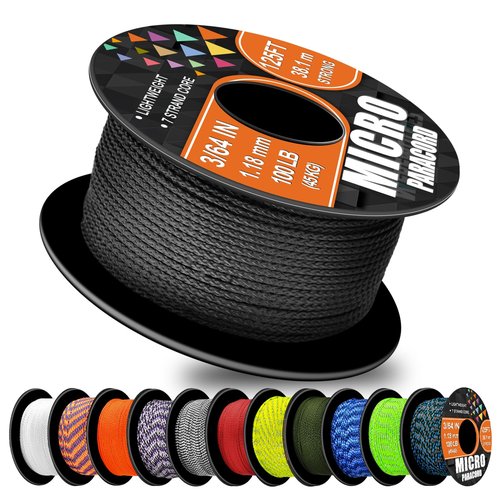 WEREWOLVES 1.18mm Micro Paracord – 125ft (38m) Lightweight Survival Cord,Thin Braided Rope for Survival Bracelets, DIY Crafts, Camping, Fishing, Wind Chime Replacement (Black, 125 ft)