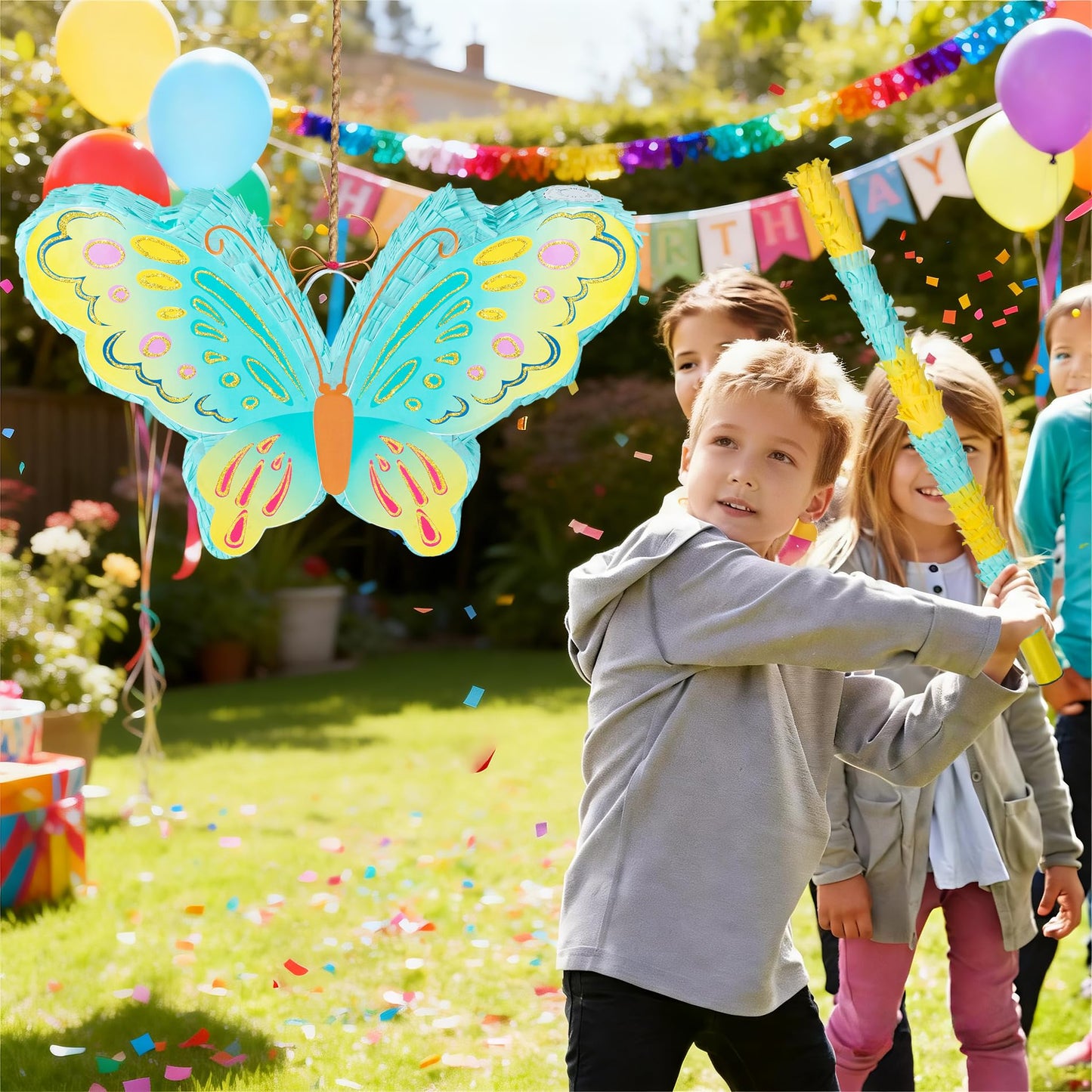 PCFING 21.6 Inch Butterfly Piñata with 30 Inch Piñata Stick Blindfold Confetti for Boy Girl Birthday Party Game Decorations, Anniversary Celebration, Fiesta