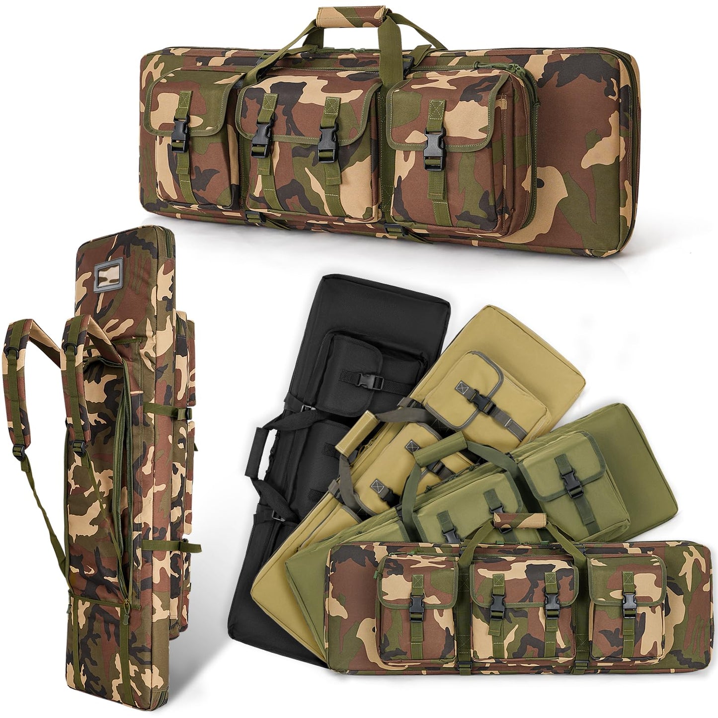 DULCE DOM Double Rifle Case 52'' Soft Gun Bag Tactical Backpack with Movable Divider for Hunting Shooting Range, MOLLE System Multiple Magazine Pouches & Accessory Bags