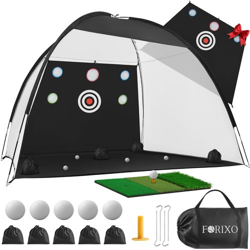 FORIXO Golf Practice Net | Large 10x7 ft Golf Driving Net w/Extra Target Cloth, Tee, 5 Balls, Mat, Sandbags; Durable 420D Oxford + Nylon Golfnet w/Up to 5 Pockets for Driving Chipping Training Swing